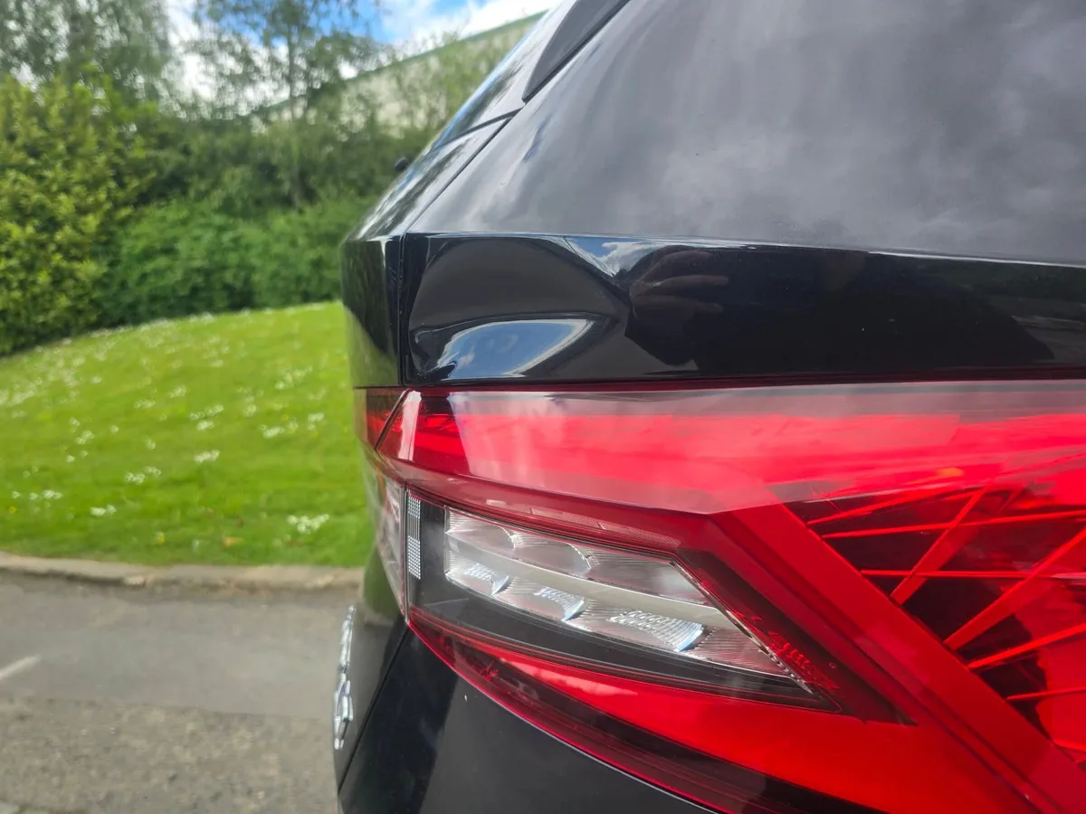 The rear quarter panel of a black car above its tail light, photographed against a hedge, before the dent was worked out.
